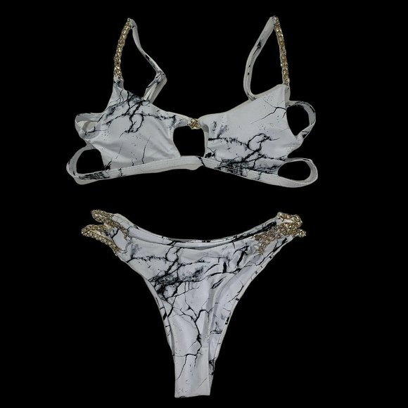 🦋SALE🦋 NWT~Shein~White Marble Pattern Bikini Swimwear Gold Chain Detail